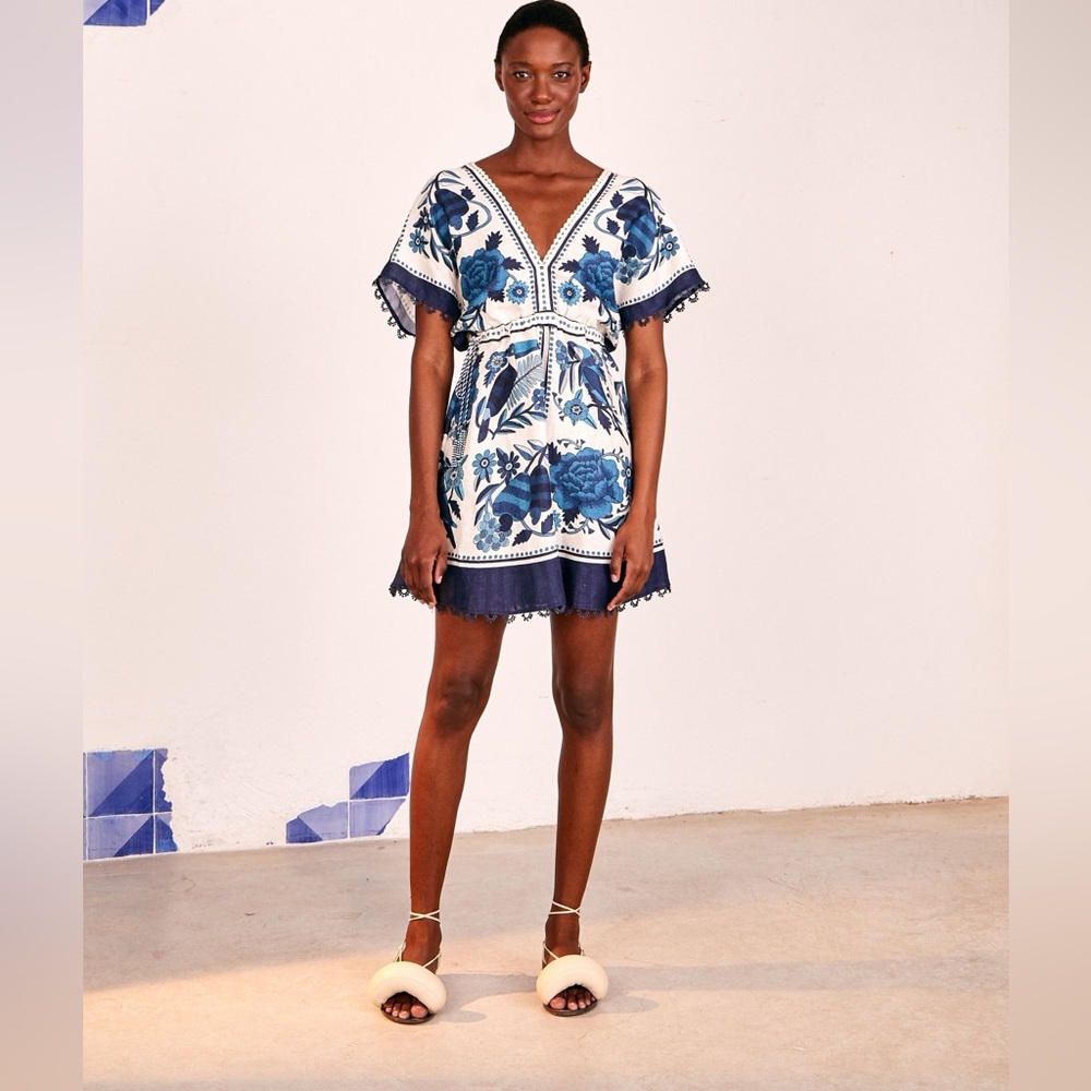 FARM Rio Blue and White Floral V-Neck Mini Dress